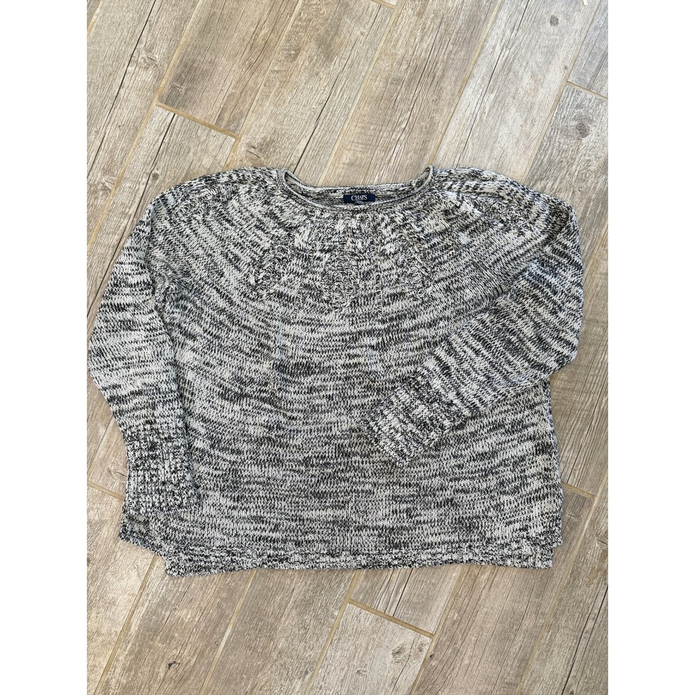 Chaps Vintage Sweater Womens XXL Black White Marl Space Dye Cable Yoke Slit Hem